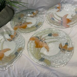 4 Sydenstricker Fused Glass Plate Peachy Lily Iris Ruffled Edge 8 1/2 Inch